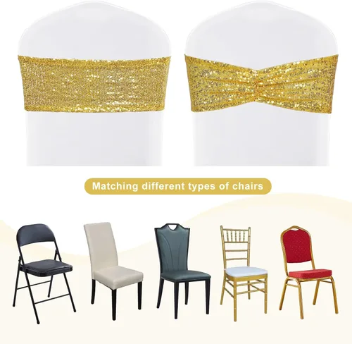 Vista 6 de SquarePie Paquete de 20 bandas de lentejuelas para silla, lazos dorados con purpurina para decoración de banquetes de boda, fiesta