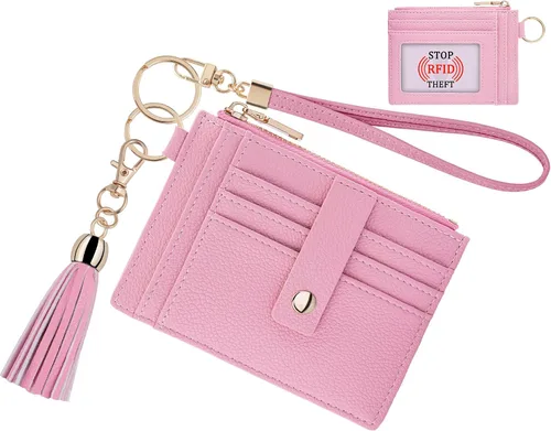 Vista 14 de Estuche Delgado para Tarjetas RFID para Mujer con Correa de Muñeca, Cartera con Cremallera para ID, Cartera de Cuero Pequeña, Monedero con Llavero