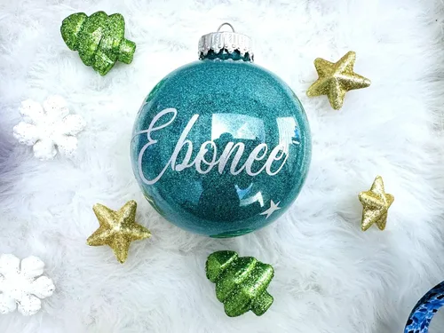 Vista 11 de Adorno de Navidad personalizado, bola de purpurina con nombre personalizado, plástico inastillable, tamaños, incluye caja de regalo, decoración