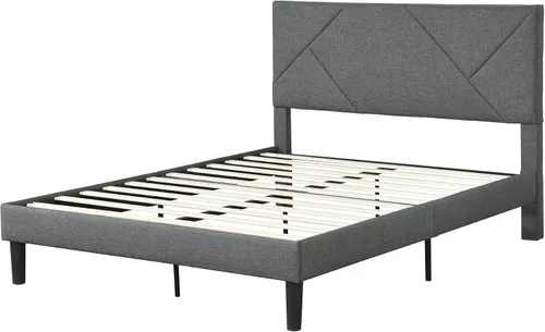 Vista 4 de Base de cama de plataforma de tamaño matrimonial con cabecera tapizada de tela y soporte de listones de madera, base de colchón totalmente tapizada