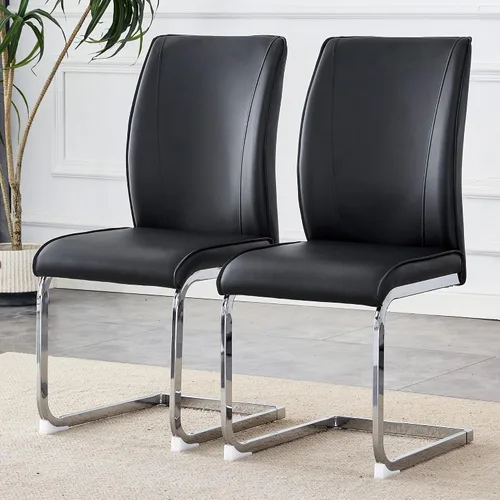 Vista 12 de Juego de 2 sillas de comedor modernas, sillas de cocina tapizadas de cuero, sillas de comedor sin brazos con respaldo alto y patas de metal dorado