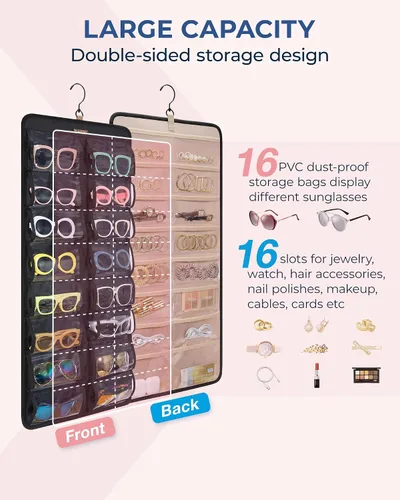Vista 2 de BAGSMART Organizador de joyas colgante, estuche de almacenamiento para lentes de sol a prueba de polvo montado en la pared, estuche de viaje