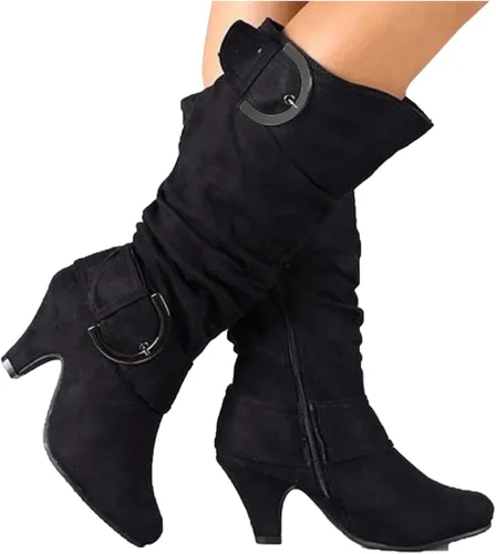 Vista 4 de Botas de media pantorrilla para mujer, botas de tacón bajo, con cremallera, clásicas, puntera puntiaguda, ligeras, botas de invierno de moda 2022