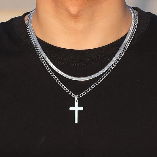 Vista 2 de Collar de cruz para hombres y niños, de acero inoxidable en capas, cadena de espiga cubana, colgante de cruz religiosa, joyería de moda, regalos