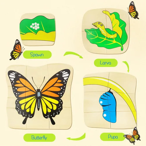 Vista 3 de Montessori - Rompecabezas de madera para niños de 4 a 8 años, rompecabezas de ciclo de vida de mariposa de 4 capas para niños pequeños, rompecabezas