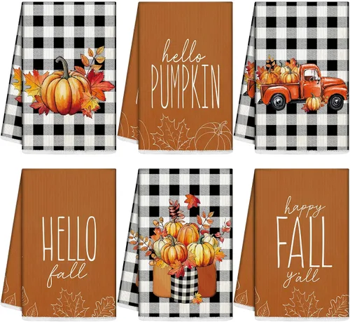 Vista 10 de Mixweer - 6 toallas de cocina de otoño de 16 x 24 pulgadas, toalla de mano de calabaza en blanco y negro de 16 x 24 pulgadas, paño absorbente