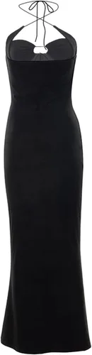 Vista 5 de Vestido largo ajustado con tirantes delgados cruzados para mujer, sexy, con cuello halter, cintura alta, para fiesta de noche