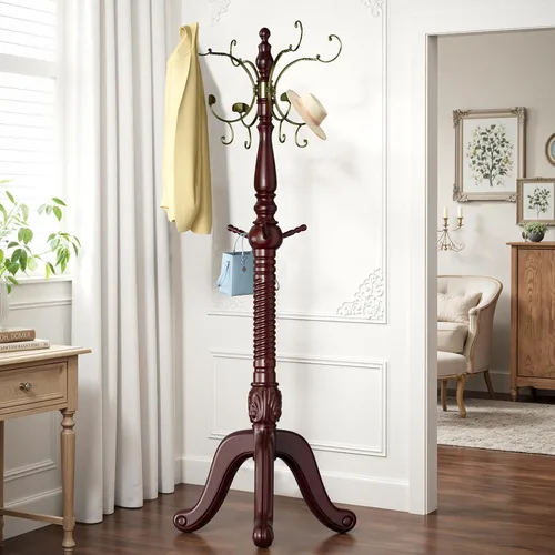 Vista 4 de Perchero independiente con 15 ganchos de metal, perchero de madera, árbol de abrigo resistente con base triangular resistente, carga de 200 libras