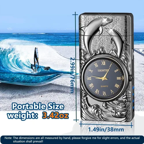 Vista 4 de GADATOP Encendedor eléctrico recargable a prueba de viento, encendedor de plasma con alivio de delfines 3D, reloj integrado con luz LED para uso