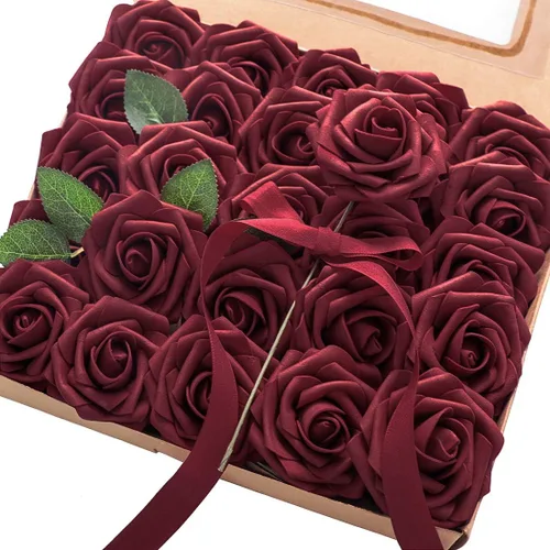 Vista 39 de Floroom Flores artificiales, 25 piezas de rosas falsas de espuma dorada antigua de aspecto real con tallos para ramos de boda DIY, centros de mesa