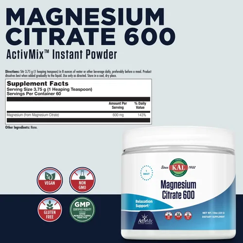 Vista 2 de KAL Citrato de magnesio 600 mg ActivMix polvo instantáneo, suplemento de magnesio para una función muscular saludable, relajación, apoyo nervioso