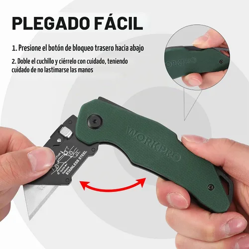 Vista 3 de WORKPRO Cuchillo utilitario plegable G10 mango con cabeza de acero inoxidable, hoja de cambio rápido y bloqueo trasero, cortador de caja resistente