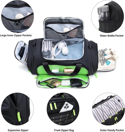 Vista 4 de Bolsa de gimnasio para hombres y mujeres, bolsa de viaje deportiva de 46 litros con compartimento para zapatos, bolsa de transporte expandible