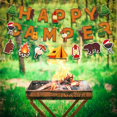 Vista 3 de Cartel de fiesta de campamento Happy Camper Banner divertido para casa con tienda de campaña de fogata lámpara de aceite Aventura Camping Decoración