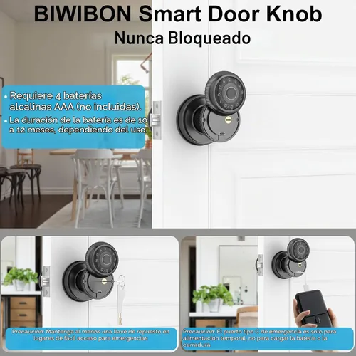 Vista 5 de BIWIBON Manija de puerta inteligente 4 en 1, perilla de puerta con huella dactilar con control de aplicación, cerradura de puerta inteligente