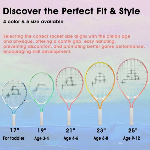 Vista 3 de AMA SPORT Raqueta de tenis para niños pequeños, kit de iniciación de raqueta de tenis de 17 a 25 pulgadas para niñas y niños con bolsa de nailon
