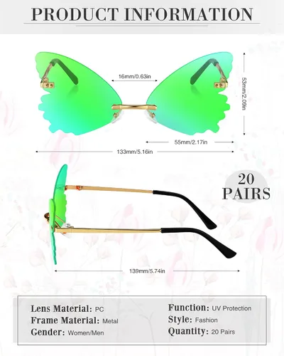 Vista 2 de 20 pares de lentes de sol de mariposa sin montura de mariposa, gafas de sol vintage con marco de metal, gafas de sol divertidas para adultos