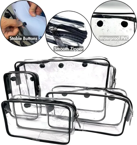 Vista 2 de Paquete de 4 bolsas de almacenamiento de maquillaje transparentes para bolsa de playa, accesorios con ganchos mosquetón, Claro, Bolsa