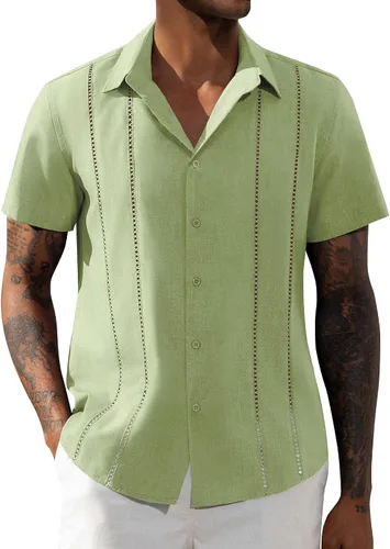 Vista 9 de Camisa de manga corta de lino para hombre de DEMEANOR, camisa guayabera cubana con botones, camisa casual de verano para la playa, la vacación