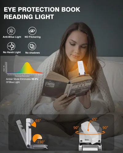 Vista 5 de Paquete de 2 luces de libro para leer por la noche, luz recargable por USB para leer en la cama, luz de lectura LED portátil con clip, temporizador
