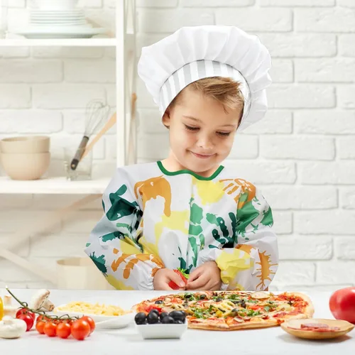 Vista 6 de 2 piezas de delantal de arte para niños, delantal de pintura para niños pequeños de manga larga con 3 bolsillos para actividades de pintura