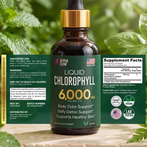 Vista 3 de Paquete de 2 Gotas Líquidas de Clorofila 6000MG – Gotas Líquidas de Clorofila Natural para Desintoxicación, Energía, Piel – Desodorante Interno