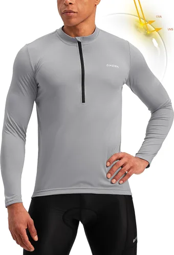 Vista 2 de Bikewa Maillot de ciclismo para hombre con 3+1 bolsillos traseros con cremallera, manga larga, absorción de humedad, UPF 50+ media cremallera