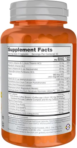 Vista 2 de Now Foods Deportes, Producción de Energía Sostenida de Energía* Alerta Mental* Cafeína de Liberación Sostenida con Vitaminas B 90 Cápsulas Vegetales
