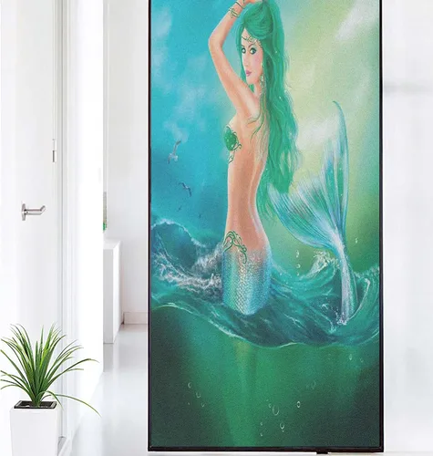 Vista 21 de Película decorativa de privacidad para ventana, control de calor, bloqueo solar, protección UV, diseño abstracto oceánico, adherencia estática Azul