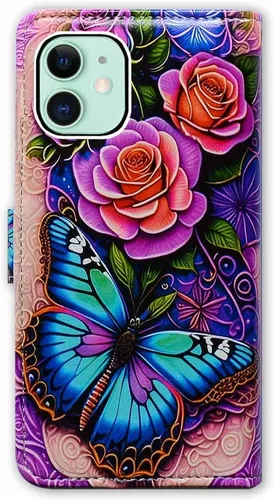 Vista 7 de Bcov Funda para iPhone 11, funda de piel con tapa y función atril para iPhone 11, diseño de flores y mariposas azules