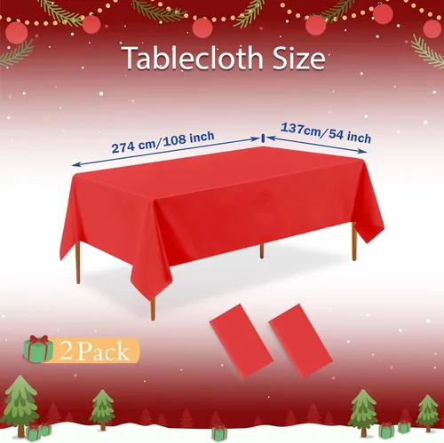 Vista 2 de Mantel desechable rojo, paquete de 2 manteles rectangulares de plástico rojo de 54 x 108 pulgadas, para fiesta de cumpleaños, boda, Navidad