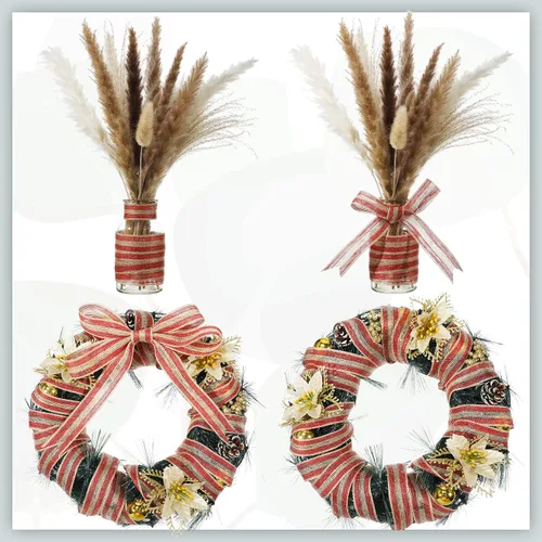 Vista 7 de Rtteri Rollo de cinta de arpillera de Navidad de 98.4 pies, saco de arpillera roja, cuerda de lino a rayas naturales para manualidades, corona