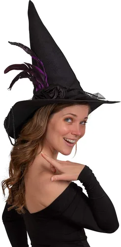 Vista 2 de Skeleteen Sombrero de bruja puntiagudo de lujo, accesorios glamorosos de brujas negras, sombrero de terciopelo elegante con flores, cuentas y plumas