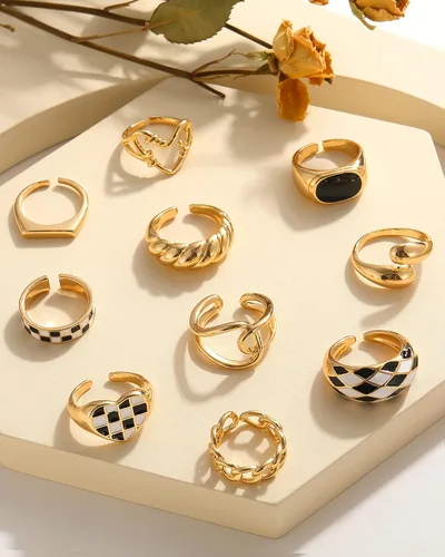Vista 6 de FAXHION Juego de 10 anillos gruesos de oro de 18 quilates para mujeres y niñas, anillos trenzados chapados en oro, apilables, anillos midi, anillos