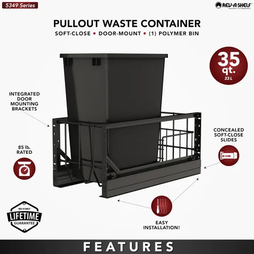 Vista 5 de Contenedor de basura extraíble de aluminio de 35 cuartos de galón con cierre suave para gabinetes de base de 15