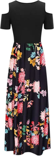 Vista 4 de Elegante vestido de retazos para mujer vestido de verano floral de manga corta vestido casual con hombros descubiertos