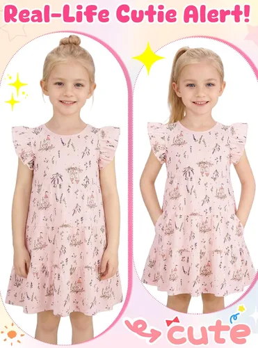 Vista 2 de Vestido casual para niñas, de algodón suave, manga corta, transpirable, acampanado, para adolescentes, talla 2T, 3T, 4T, 5, 6, 7, 8, 9, 10, 12, 13