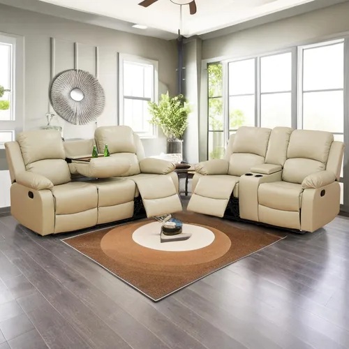 Vista 28 de Sofá reclinable manual de cuero para muebles de sala de estar, sofá reclinable de 78 pulgadas con mesa abatible, portavasos y sofá de cuero