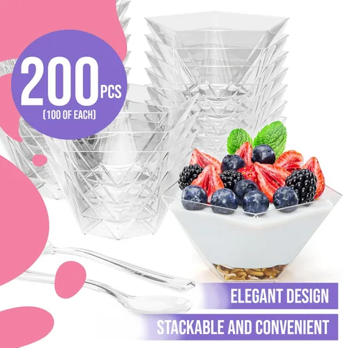 Vista 3 de Exquisite Mini tazas de postre con cucharas, 200 unidades, 4 onzas, taza de pudín de plástico transparente con cucharas de degustación, 100