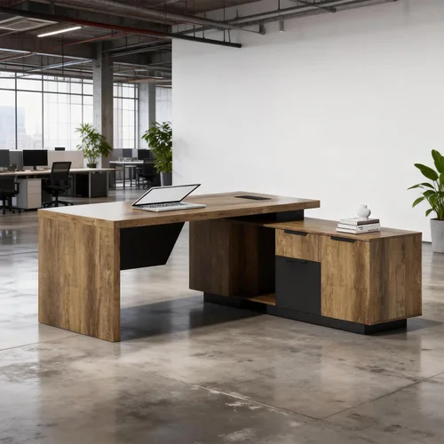 Vista 10 de SAINTCY Escritorio ejecutivo en forma de L, escritorio de oficina retráctil con cajones, grandes escritorios de madera para jefes, propietarios