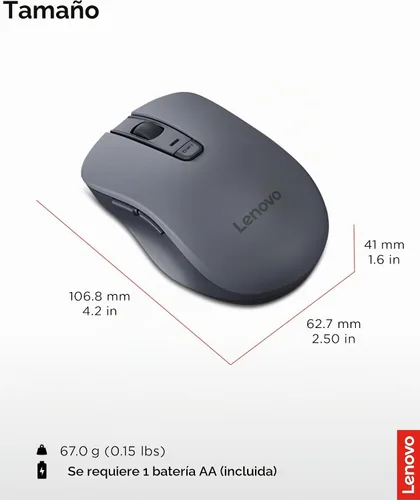 Vista 6 de Lenovo WL310 Ratón silencioso Bluetooth, ergonómico, DPI ajustable, clics silenciosos, Bluetooth 5.0, portátil para Windows, Mac y Chromebook, gris