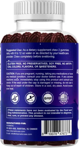 Vista 9 de Vitamatic KSM-66® Ashwagandha + D3 Gummies - Sabor natural de frambuesa azul - Sin azúcar, sin gluten, sin OMG - 60 gomitas