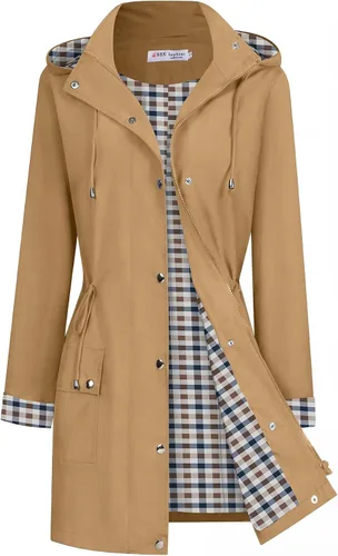 Vista 12 de BBX Lephsnt Abrigos de lluvia para mujer, chaqueta impermeable ligera, rompevientos para exteriores, gabardina con capucha A-verde militar
