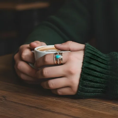 Vista 4 de Anillos de turquesa para mujeres y hombres, chapado en plata de ley, joyería bohemia, vintage, natural, delicada, occidental, anillos de piedra