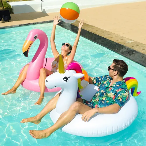 Vista 5 de PARENTSWELL Flotadores inflables de unicornio y flamenco de 43 pulgadas, paquete de 2 flotadores de tubo de piscina con 2 bolas de playa, tubos