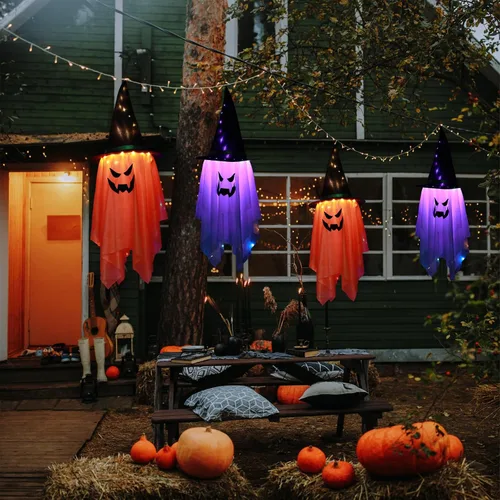 Vista 2 de Decoración de BokingOne de Halloween, 2 piezas de sombreros grandes de bruja fantasma iluminados para Halloween, adornos de fantasma colgantes