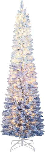 Vista 20 de GOFLAME - Árbol de Navidad artificial de 6 pies con luces LED blancas cálidas preiluminadas, árbol de Navidad con flecos de nieve, 435 puntas