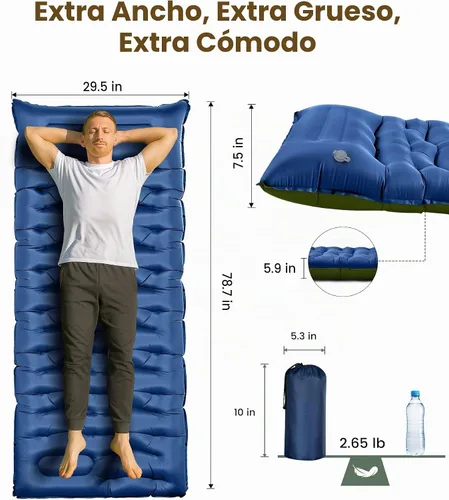 Vista 5 de Colchoneta de dormir para campamento, de 5.9 pulgadas de grosor, con almohada integrada y bomba de pie, almohadilla de dormir autoinflable Azul