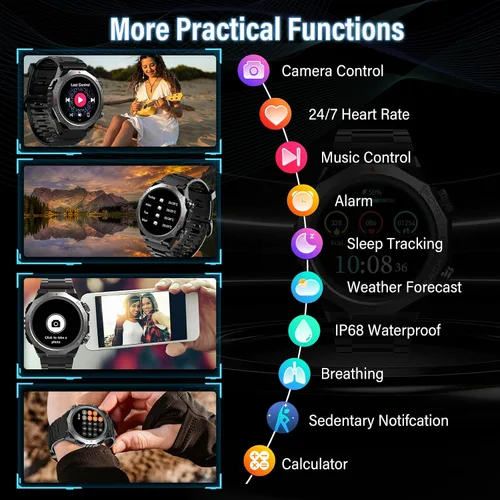 Vista 5 de Relojes inteligentes militares para hombres (respuesta/hacer llamadas), relojes de fitness HD de 1.39 pulgadas, monitor de frecuencia
