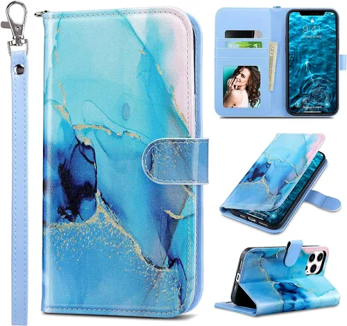 Vista 16 de ULAK Compatible con iPhone 13 Funda tipo cartera para mujer, funda tipo billetera de piel PU con tarjetero y función de caballete, funda protectora